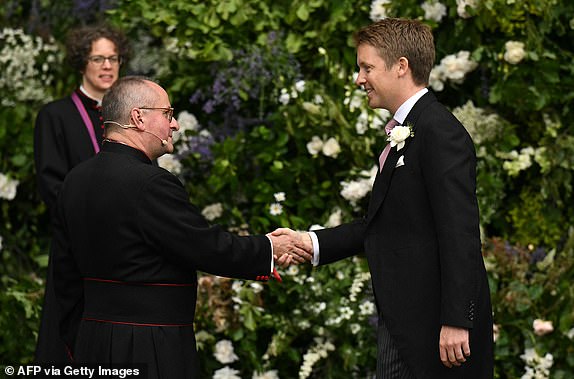 Britain's Hugh Grosvenor, Duke of Westminster (R), arrives for his wedding at Chester Cathedral in Chester, northern England on June 7, 2024. (Photo by Oli SCARFF / AFP) (Photo by OLI SCARFF/AFP via Getty Images)