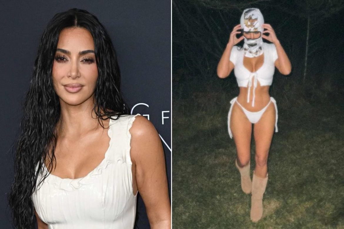 Kim Kardashian Flashes Curves in Skimpy Bodysuit and Camouflage Face Mask, Drawing Comparisons to Both Kanye West and Bianca Censori