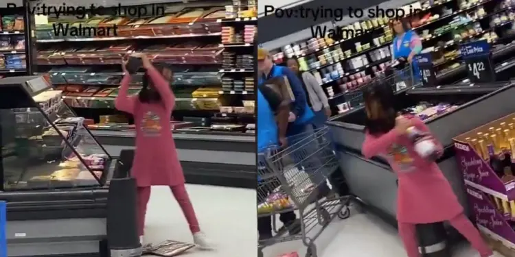 Mother steps in to protect scared girl causing chaos in Walmart while criticizing onlookers for filming rather than assisting