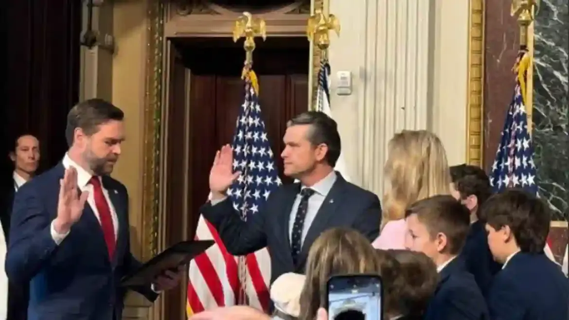 Pete Hegseth Sworn in as the New U.S. Secretary of Defense in Washington D.C. with His Seven Children Watching the Ceremony