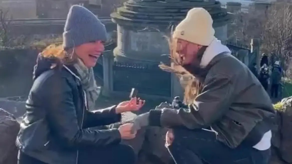 Two Women from Suffolk and Edinburgh Surprise Each Other with Proposals on Same Day at Calton Hill in Edinburgh