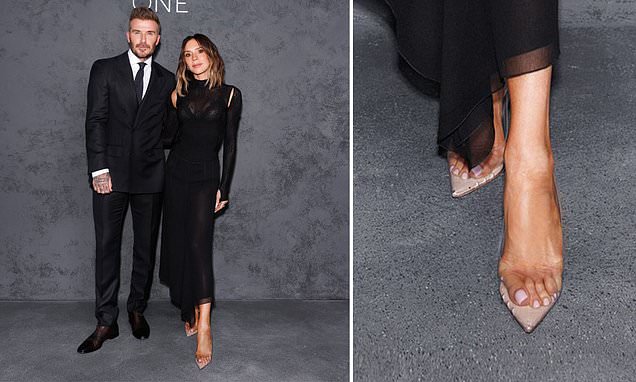 Victoria Beckham braves painful clear heels and stuns in sheer lace dress as she joins David at BOSS launch event in London