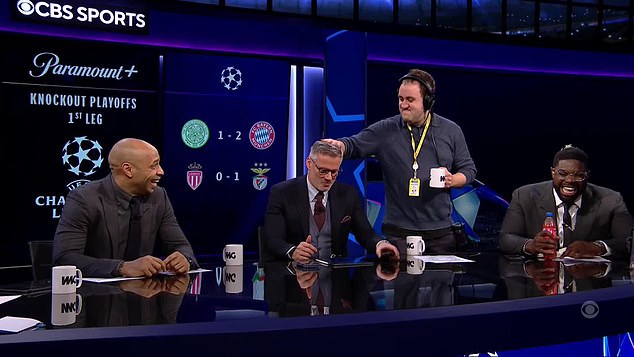 Jamie Carragher watches in disbelief at CBS Sports as Everton’s stoppage-time equaliser against Liverpool sparks wild celebrations and playful dig from production assistant