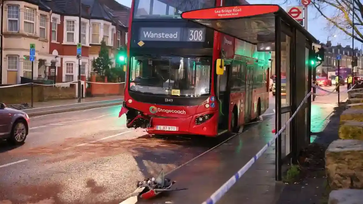 Fatal collision claims a woman’s life as her vehicle slams into a London double-decker bus near Clapton Road in Hackney