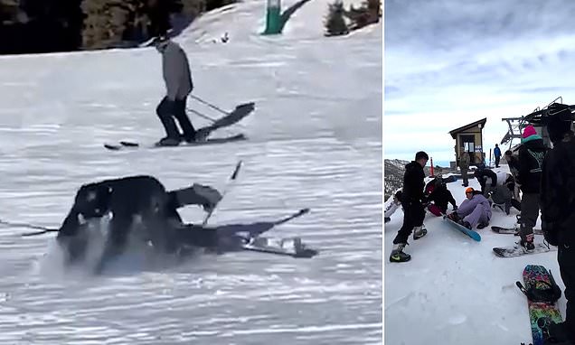 Skier and snowboarder violently clash under ski lift as onlookers watch shocking brawl unfold at Mount Rose resort in Nevada