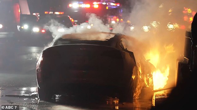 Speeding Tesla slams into guardrail and bursts into fireball leaving female driver dead and male passenger critically injured on New York City’s FDR Drive