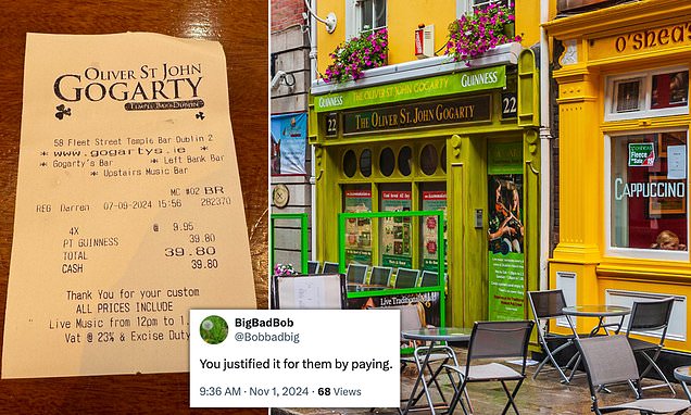 Furious customer shares shocking receipt as Dublin’s Temple Bar pub charges nearly €10 for a single pint of Guinness