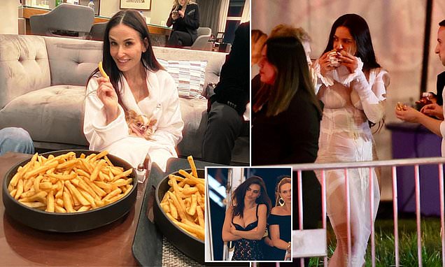 Rosalia devours a burger and Demi Moore indulges in French fries as celebrities unwind after the Oscars at the Vanity Fair bash in Los Angeles