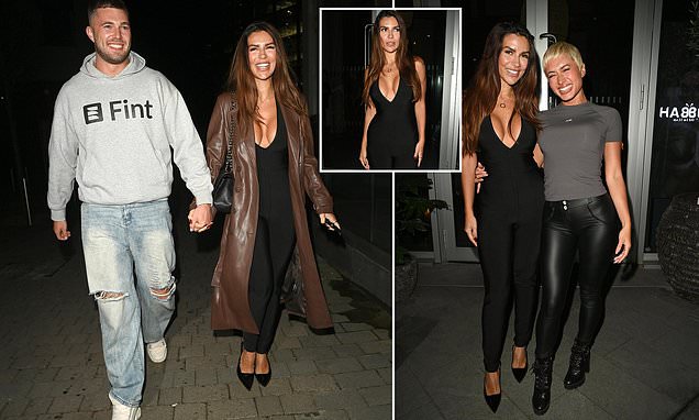 Ekin-Su Culculoglu and Curtis Pritchard share affectionate moments during a romantic dinner outing with Kaz Crossley at Habibi restaurant in Manchester