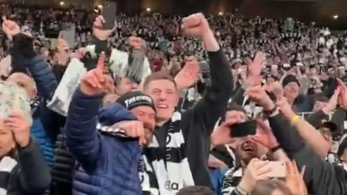 Former Newcastle star Elliot Anderson joins Magpies supporters in jubilant Wembley celebrations after historic Carabao Cup win over Liverpool