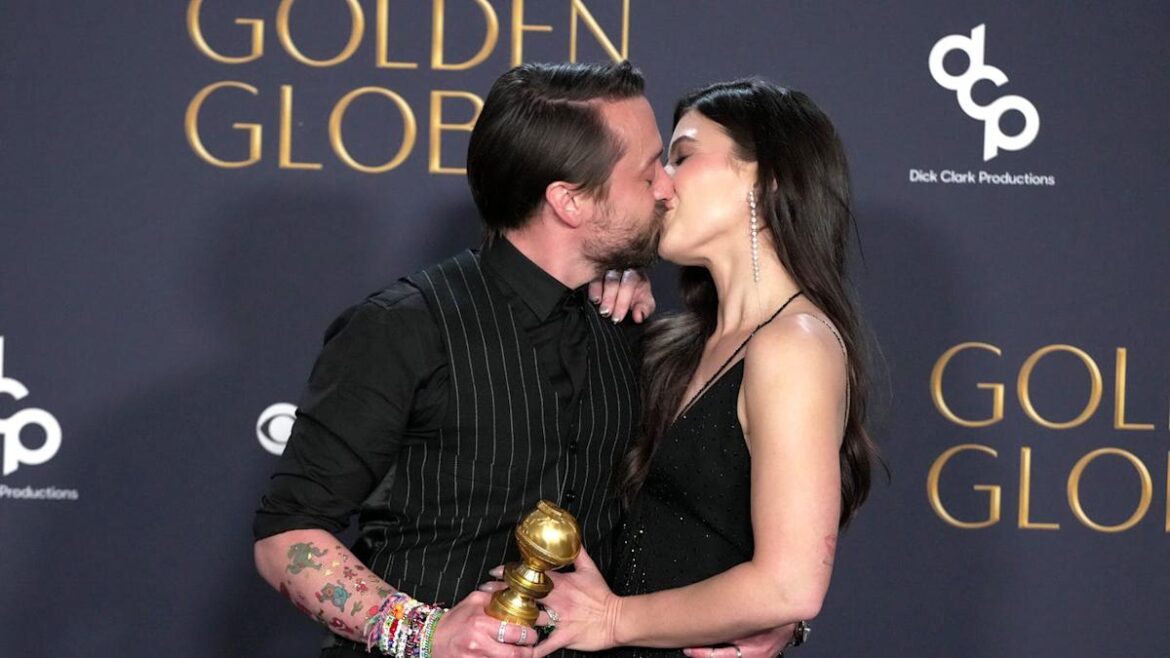 Kieran Culkin wins Oscar for Best Supporting Actor and seals the moment with a passionate kiss with wife Jazz Charton at the Governors Ball