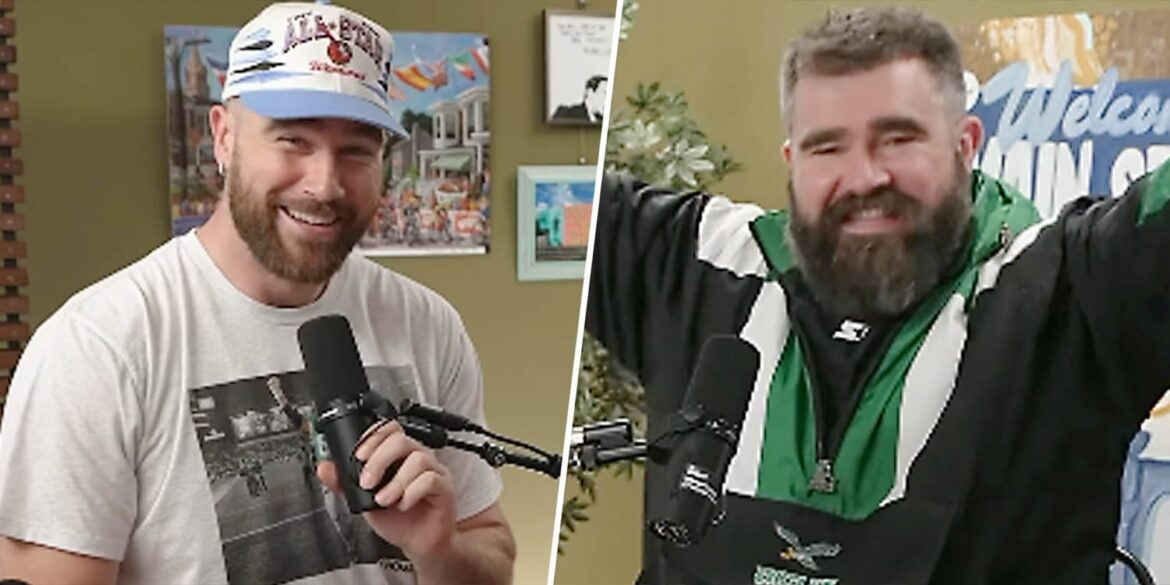 Travis and Jason Kelce celebrate New Heights podcast winning Best Sports Podcast award at 2025 iHeart Podcast Awards in Los Angeles