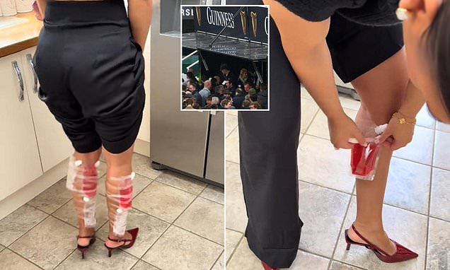 Woman attending Cheltenham Festival hides wine under her trousers using taped bags in a clever attempt to dodge overpriced drinks