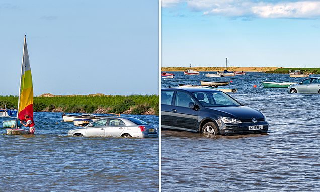 Vehicles Submerged and Swept Off Shore at Burnham Overy Staithe Norfolk After Drivers Misjudge Rising Tide and Weather Conditions