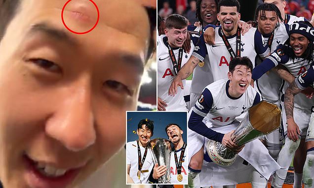 Heung-min Son accidentally hits his head on the Europa League trophy while celebrating Tottenham’s historic victory in Bilbao
