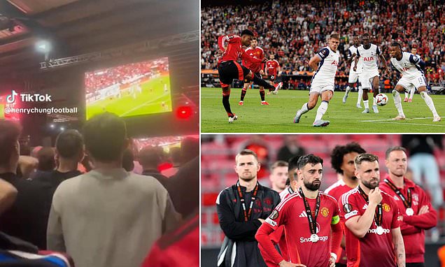 Manchester United fans accidentally celebrate a missed goal by Amad Diallo during Europa League final heartbreak in Bilbao