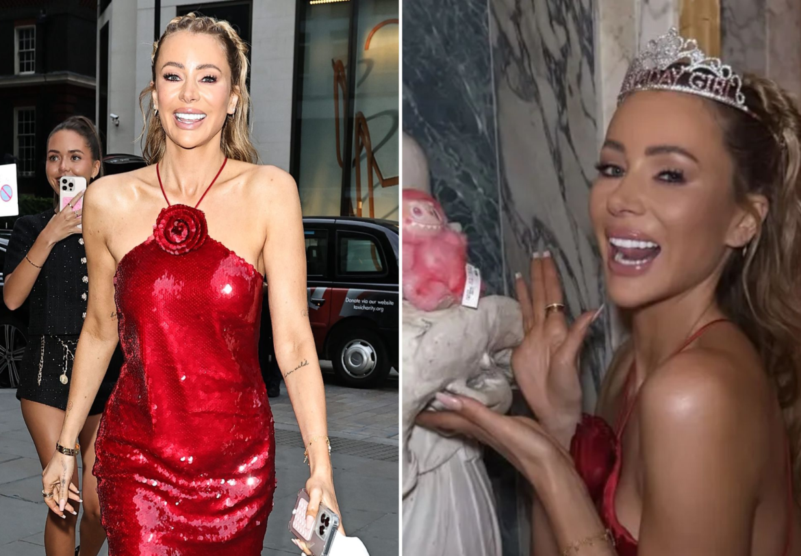 TV star Olivia Attwood stuns in red mini dress as she celebrates 34th birthday with close pals at luxury Mayfair venue Bacchanalia