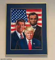 President Donald Trump Unveils New Patriotic Artwork Featuring Himself with Lincoln and Reagan in the West Wing of the White House
