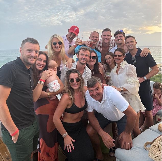 Jamie Vardy (left) and his wife Rebekah (3rd right) with Harry Maguire (2nd right), James Maddison (centre) and their families in Portugal