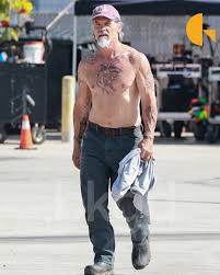 Josh Brolin reveals dramatic new tattooed look while filming survival thriller Whalefall on set in San Pedro California
