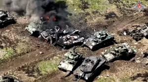 Russian Defense Ministry shares video showing destroyed US-made tanks and armored vehicles scattered across rural Sumy in northeastern Ukraine
