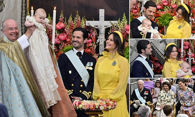 Princess Sofia shines in yellow gown while holding baby Ines at lavish christening ceremony attended by Swedish royals near Stockholm