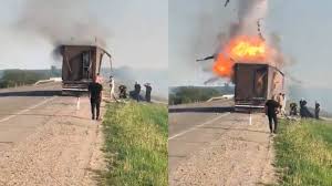 Truck believed to be carrying Ukrainian drones bursts into flames on highway near Seryshevo village in Russia’s Far East