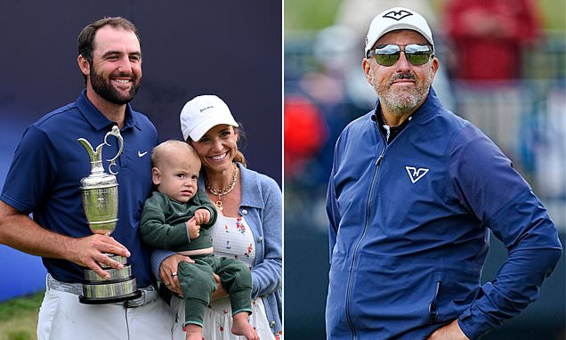 Scottie Scheffler with his wife Meredith Scheffler and son Bennett Scheffler, and Phil Mickelson