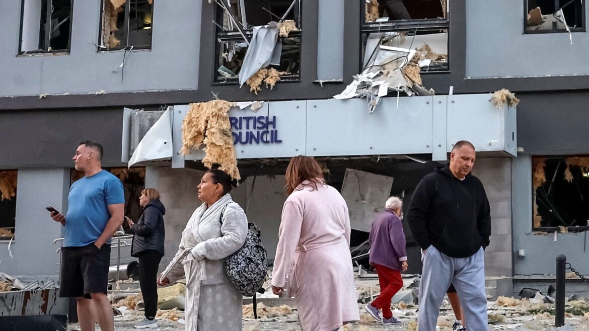 Russia unleashes deadly double strike that hits British Council building and European Union headquarters in Kyiv leaving at least eighteen people dead