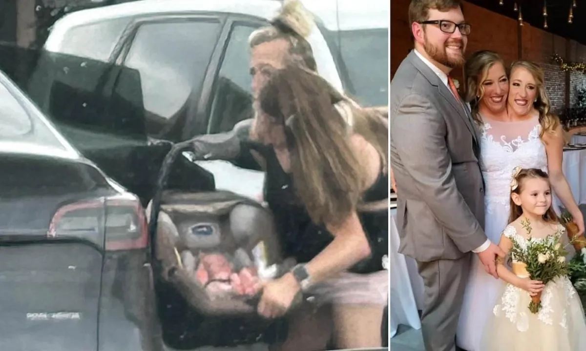Conjoined twins Abby and Brittany Hensel seen with a newborn in Minnesota