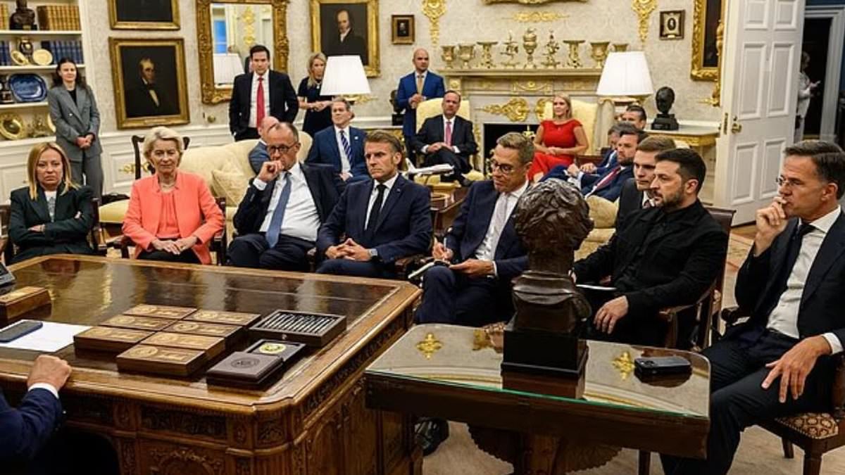 European leaders crowd around Donald Trump’s desk during Ukraine peace talks at the White House in Washington