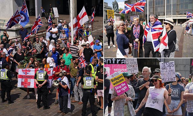 Protesters and counter-demonstrators face off outside Portsmouth council offices