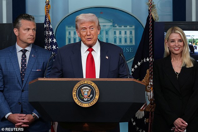 Secretary of Defense Pete Hegseth, President Donald Trump, and Attorney General Pam Bondi
