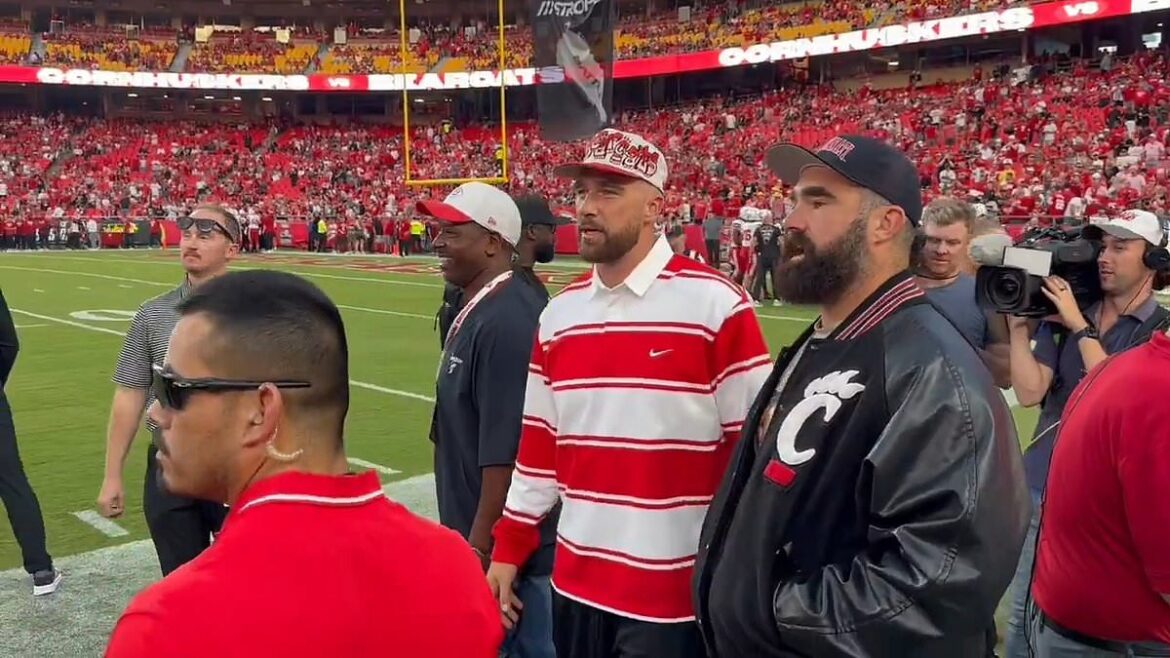 Taylor Swift and Travis Kelce make their first public appearance since engagement at Arrowhead Stadium in Kansas City while cheering on the University of Cincinnati