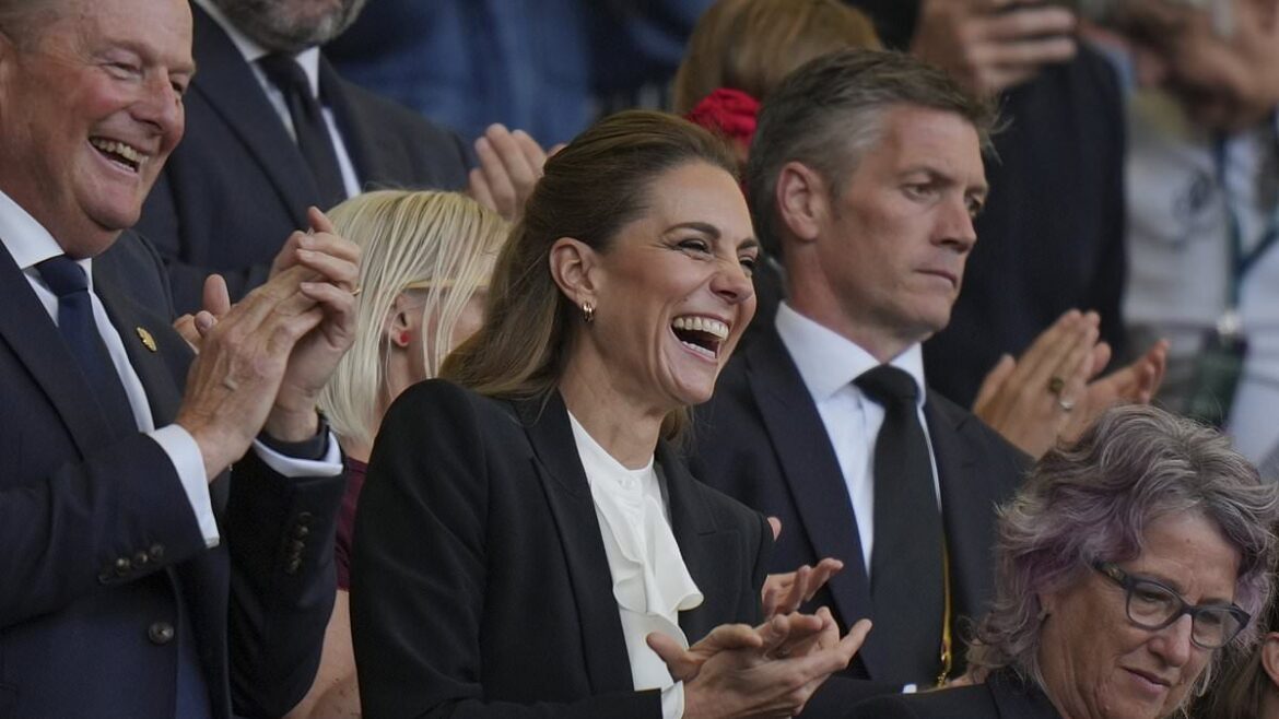 Princess of Wales Kate Middleton cheers on England’s Red Roses during Women’s Rugby World Cup match at Brighton & Hove Albion Stadium