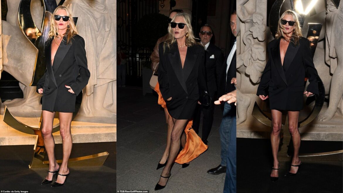 Kate Moss stuns in a leggy black mini dress as she attends the star-studded Saint Laurent show with her daughter Lila in Paris during Fashion Week