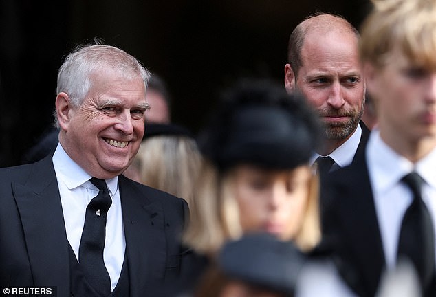 Prince William looks uncomfortable as Prince Andrew breaks into laughter during the solemn Duchess of Kent funeral service at Westminster Cathedral in central London