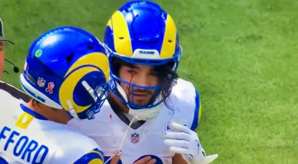 Rams wide receiver Puka Nacua suffers frightening helmet to helmet collision and returns bleeding from the eye in Houston