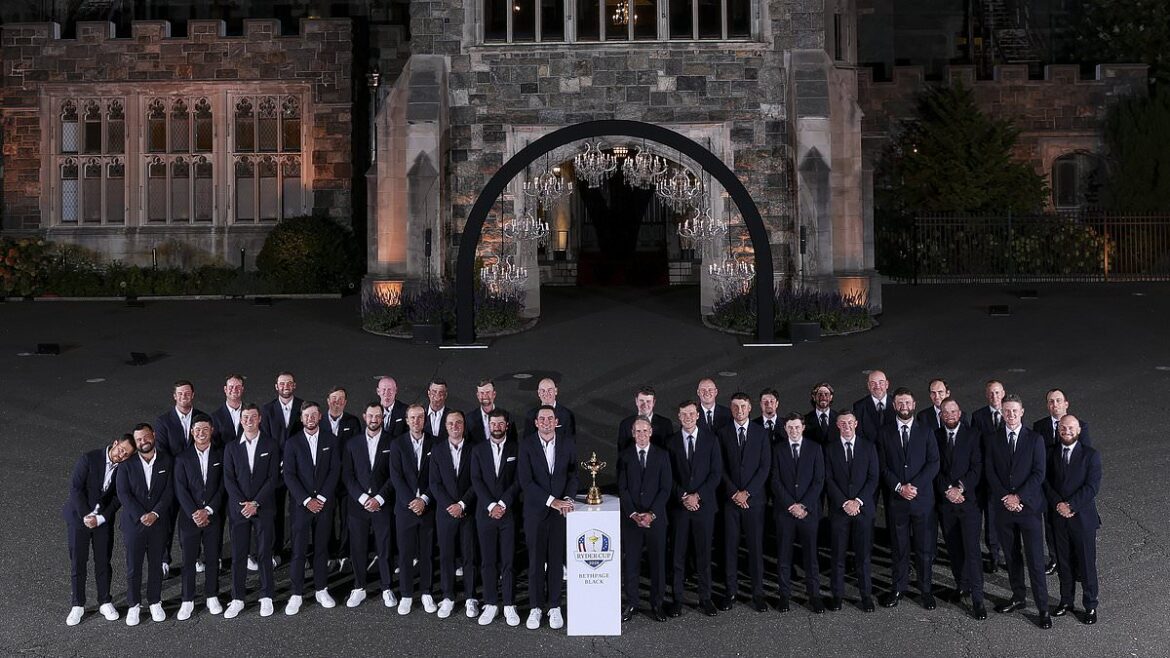 Rory McIlroy Jon Rahm and fellow European golfers pose for formal photographs at the Ryder Cup Welcome Dinner in Sands Point New York before the tournament begins
