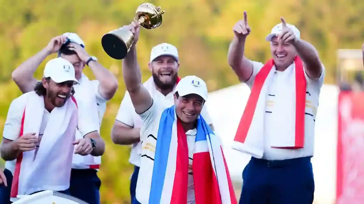 Viktor Hovland sparks anger among American fans as he points to his neck during Team Europe Ryder Cup celebrations at Bethpage Black in New York