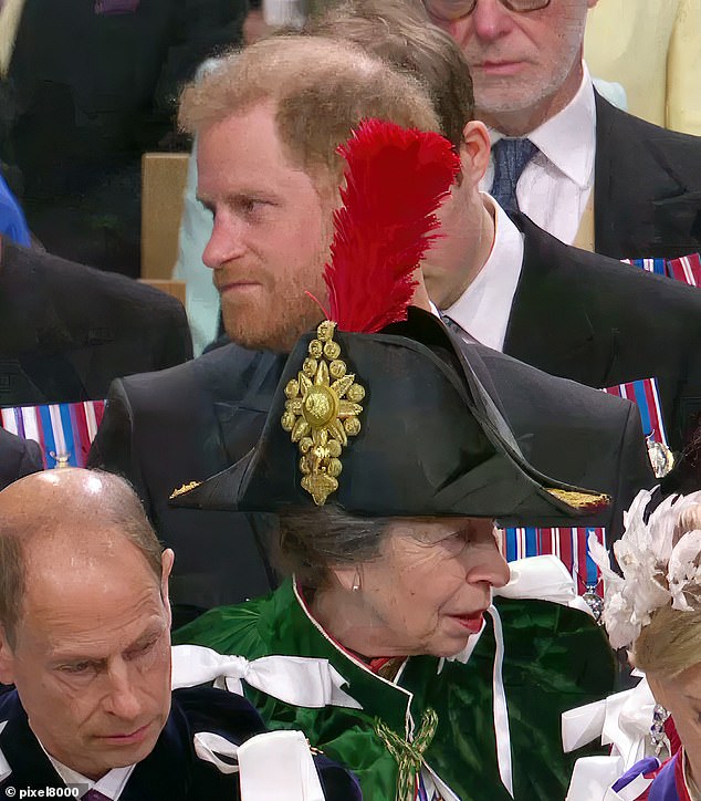 Prince Harry navigates awkward seating arrangement and interacts with Princess Anne during King Charles’s coronation at Westminster Abbey in London
