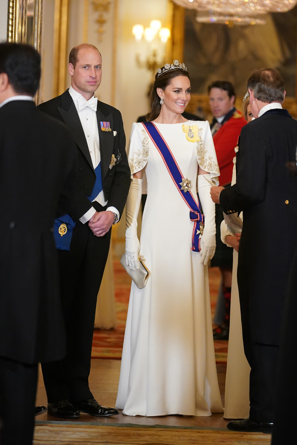 Catherine stuns in a sweeping Jenny Packham gown as she joins the Royal Family in welcoming the German president and his wife to London for their first state visit in nearly 30 years