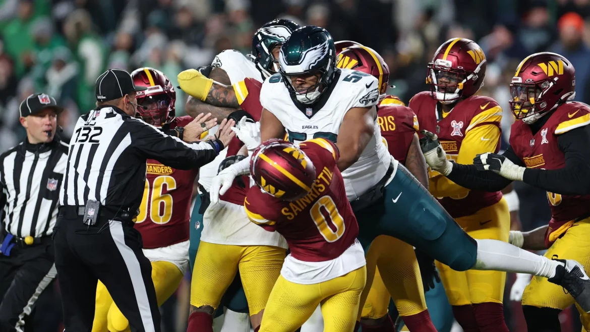 Eagles Guard Tyler Steen Faces Ejection After Throwing Punches During Heated Battle with Commanders in NFC East Match