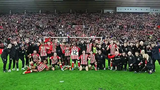 Sunderland players pose proudly after sealing gritty derby victory over Newcastle as emotions spill over in Wearside showdown