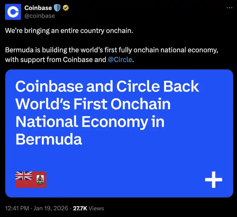 Bermuda government partners with Coinbase and Circle to build fully onchain national economy using stablecoins and blockchain technology