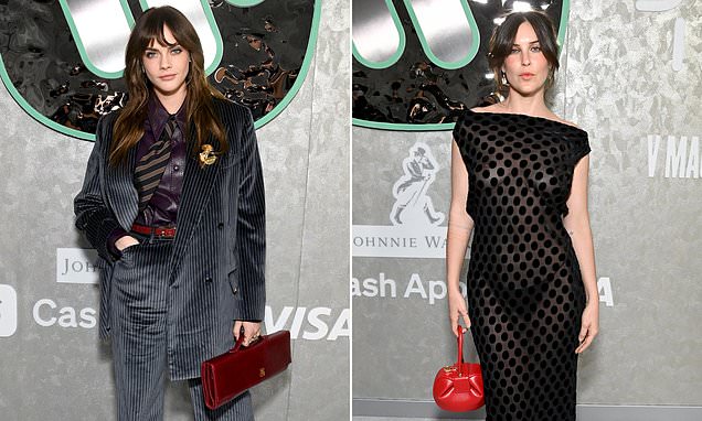 Cara Delevingne stuns with dark hair transformation as Scout Willis bares all and stars light up Warner Music Group Grammy bash in Los Angeles