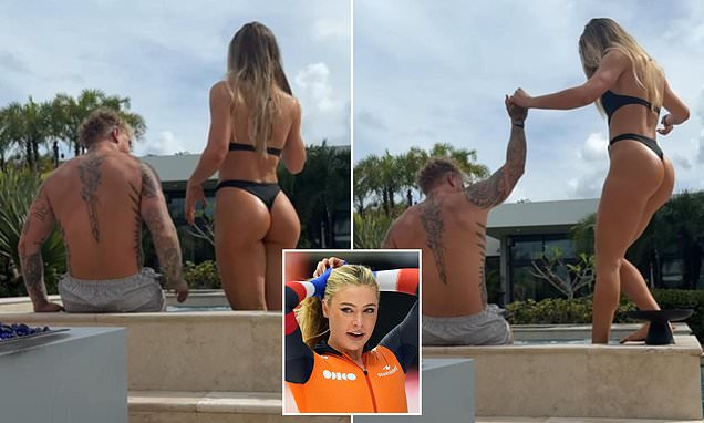 Jutta Leerdam stuns fans as she flaunts toned figure in skimpy black bikini while stepping into hot tub with fiancé Jake Paul in the Netherlands