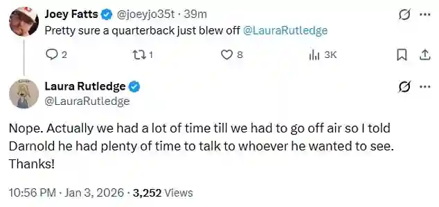 ESPN sideline reporter Laura Rutledge shuts down online criticism after Sam Darnold pauses before postgame interview at Levi’s Stadium in Santa Clara