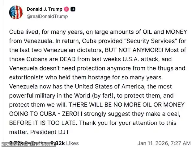 President Donald Trump Warns Cuba to Strike Deal with the United States Before Losing Oil and Financial Support from Venezuela