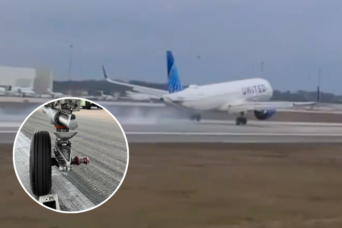 Terrifying runway moment unfolds as United Airlines Airbus A321neo loses front wheel while landing with 200 passengers onboard in Orlando Florida
